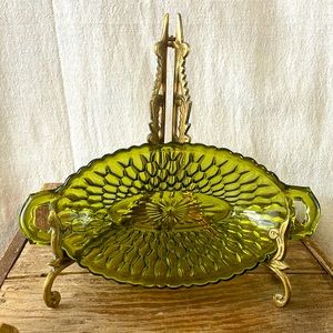 Vintage India Glass Olive or Avocado Green Catch-all Trinket Candy Dish Bowl